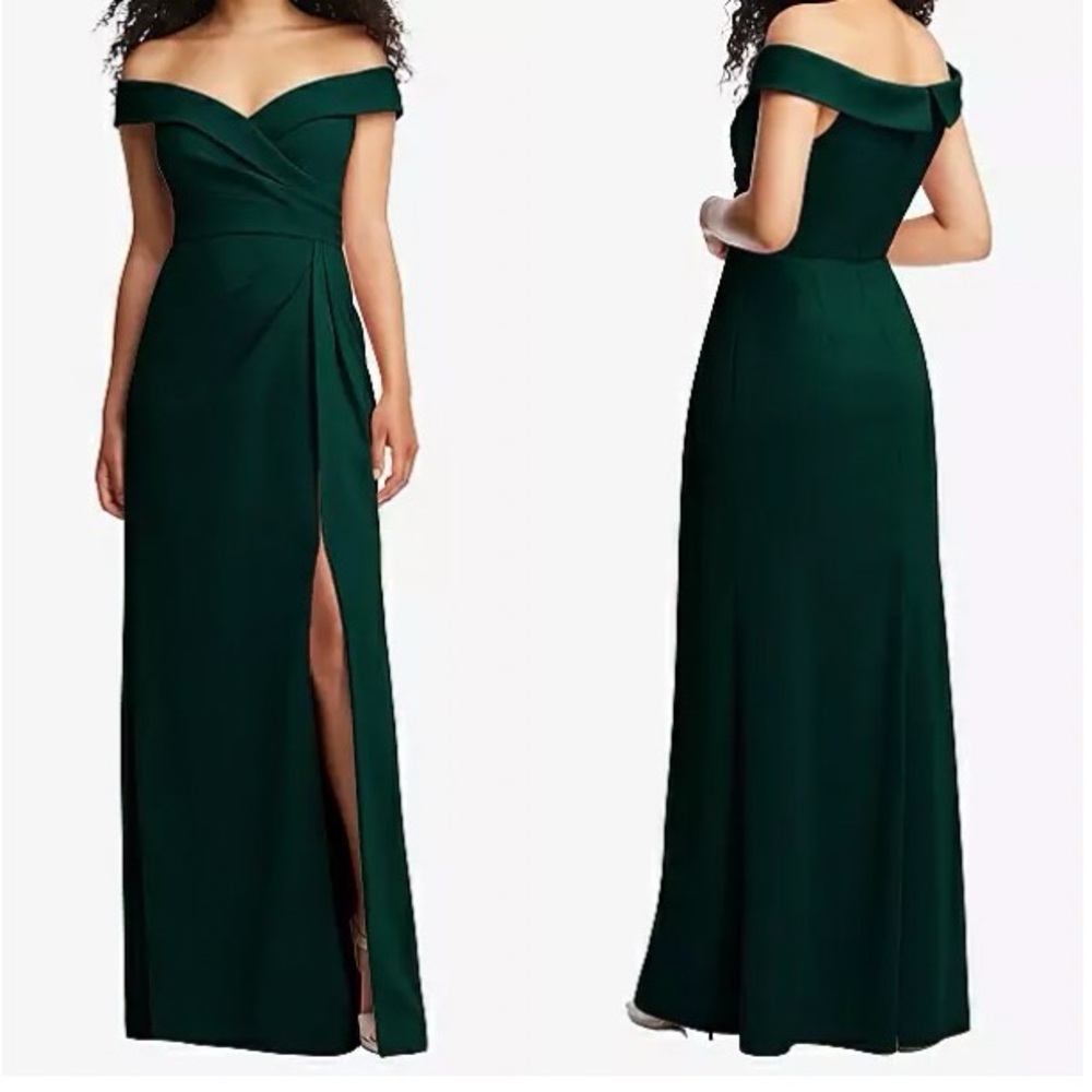 NWT Off-the-Shoulder Pleated Faux Wrap Gown in Evergreen size 14